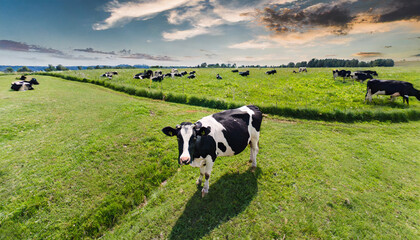 aerial view of a black and white cow grazing on a green field in europe herd of cows grazing from...