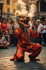 Fototapeta na wymiar A street performer dressed as a dragon, dancing and entertaining a captivated audience