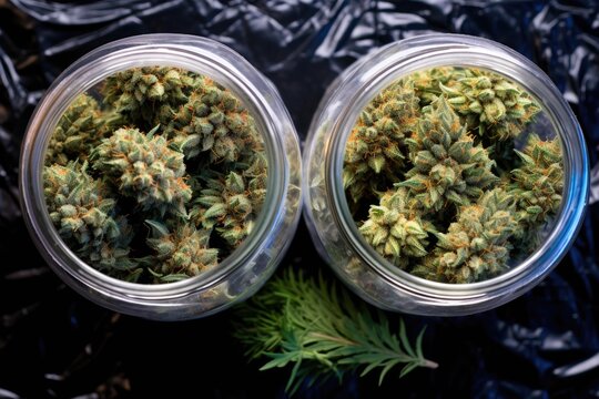 top view of two jars filled with sativa and indica buds labeled accordingly