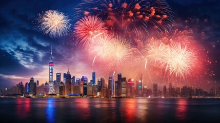 A stunning fireworks display lighting up the night sky above a city skyline - obrazy, fototapety, plakaty