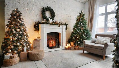 stylish interior of living room with fireplace decorated christmas tree christmas decoration...
