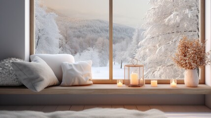 A snowy landscape is visible through a window, with a warm and inviting interior visible in the foreground
