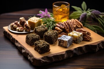 a set of cannabis-infused edibles on a wooden tray