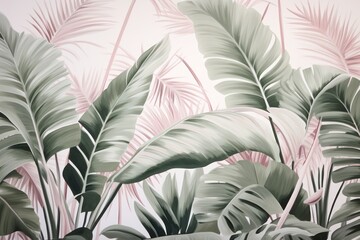  a painting of tropical plants in a pink and green room with a white wall and a pink and white wall with a palm tree mural on the side of the wall.