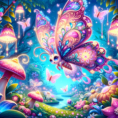 Fototapeta na wymiar Magical Butterfly Fairy with Illuminated Wings in an Enchanting Flower Wonderland