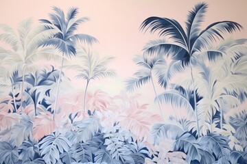  a painting of a tropical scene with palm trees and pink and blue foliage on a pink background with a plane flying in the sky in the sky in the background.