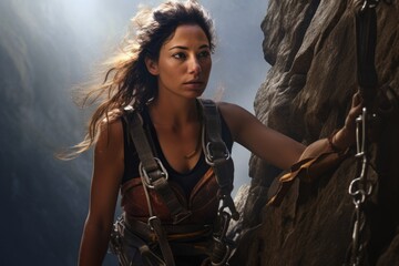 woman securing harness before a cliff descent