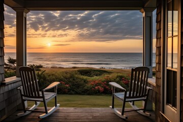 a cape cod house with a wooden porch and rocking chairs, overlooking the ocean