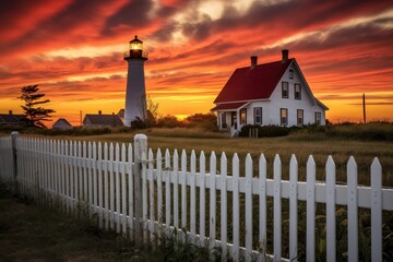 a sunset view of a cape cod house with a picket fence and a lighthouse in the background