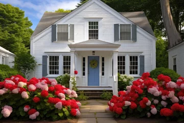 Fototapeten a white cape cod house with a red front door and blooming hydrangeas © primopiano