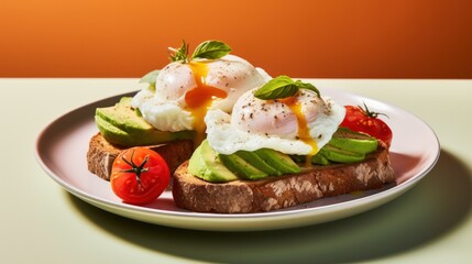 Two slices of whole wheat toast with avocado spread, sliced tomatoes, and a poached egg.
