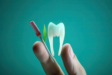 concept care Dental background green blue woman palms two toothbrush tooth funny A - obrazy, fototapety, plakaty
