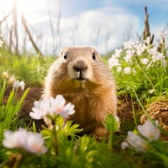 Naklejka na ściany i meble A groundhog with flowers in spring on a blue sky day for for Happy Groundhog Day