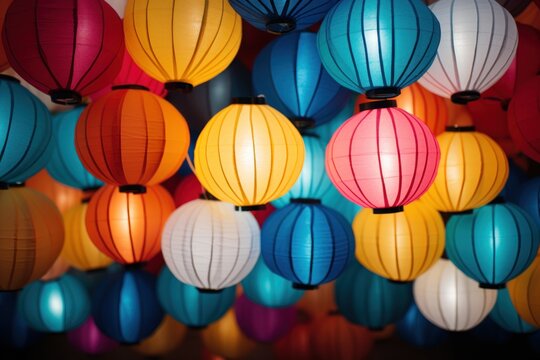  a group of multicolored paper lanterns hanging from a ceiling in a room with a wall of other colored paper lanterns hanging from the ceiling in front of the room.
