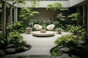  a room filled with lots of plants and a white couch sitting on top of a white floor next to a lush green forest filled with lots of trees and bushes.