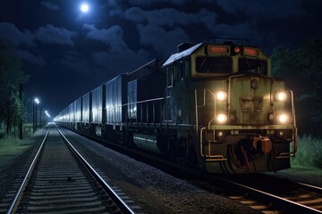 Fototapeta premium night shot of a cargo train with illuminated cabins