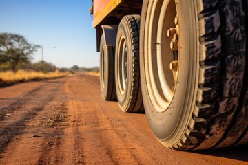 close-up of a cargo trucks wheel on a gravel road