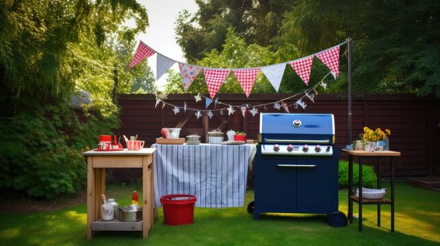 A fun and casual photo of a family BBQ with American flags and bunting decorating the backyard