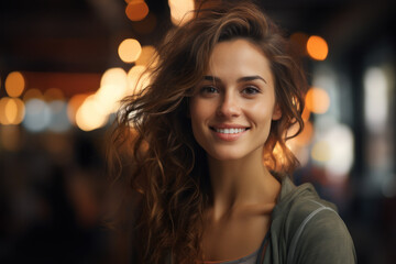 Fototapeta premium A portrait of a lady, gracefully masking her insecurities with a confident smile, navigating the intricacies of societal expectations. Generative Ai.