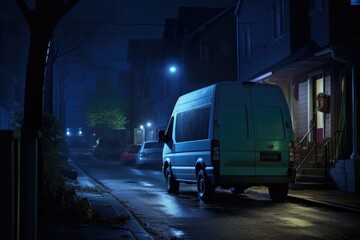 night shot of a cargo van on a lit street