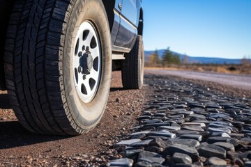 close-up of a cargo vans tire on a gravel road, emphasizing its ruggedness