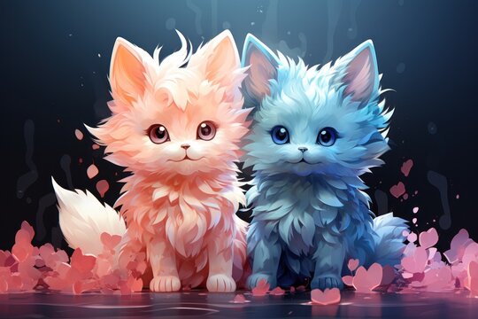  A Couple Of Kittens Sitting Next To Each Other On Top Of A Bed Of Pink And Blue Hearts In Front Of A Black Background With Pink And Blue Hearts.