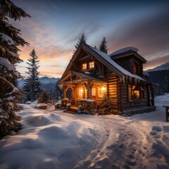 Fototapeta premium A rustic cabin with a smoking chimney sits in a snowy landscape,
