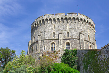 The iconic Round Tower located on the West side of the ancient Windsor Castle Royal residence in...