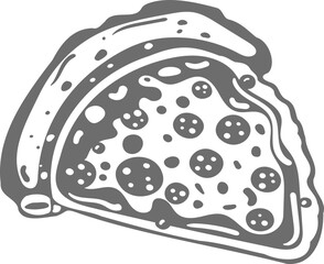 Pizza slice with melted cheese and pepperoni. Vector cartoon sticker in comic style with contour. Design element food for greeting card