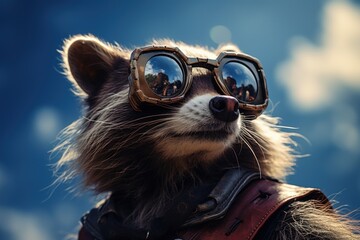  a close up of a raccoon wearing goggles and a leather jacket with a sky in the back ground and clouds in the sky in the back ground.
