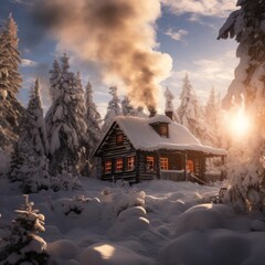 A snow-covered cabin nestled in the woods with smoke billowing from the chimney