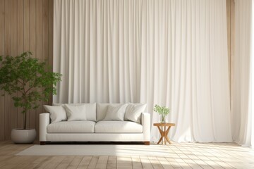  a white couch sitting in a living room next to a wooden table with a potted plant on top of it next to a window covered in white drapes.