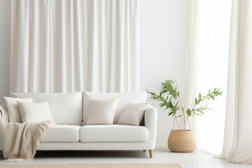  a living room with a white couch and a potted plant in front of a white curtained window with white drapes and a white rug on the floor.
