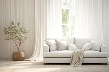  a white couch sitting in front of a window next to a vase with a plant in it and a blanket on the back of the couch in front of the room.