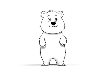  a black and white drawing of a bear with a big smile on it's face, standing in front of a white background with the outline of the bear.