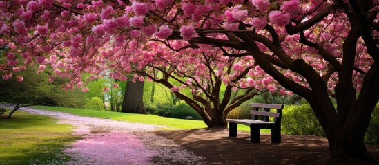 vibrant summer of spring, the garden flourishes with pink floral blooms, enhancing the beauty of the natural landscape as the trees sway gracefully, and the leaves rustle gentle breeze, fostering