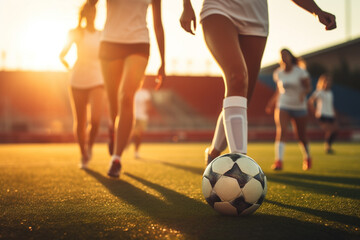Women's football, a female's team runs across the field of the stadium under the setting sun	