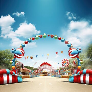 This stock photo features a lively carnival scene in the background © ArtCookStudio