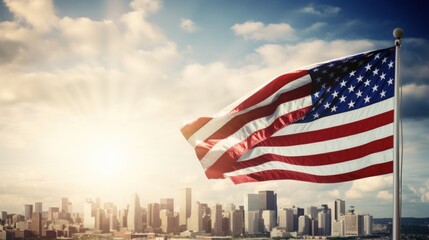 A powerful image of the American flag waving in front of a modern city skyline