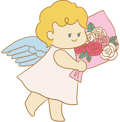 Valentine's Day elements in hand drawn kawaii cute  style. Set includes cupids, roses, hearts, arrow,gift and a gentleman. Cute characters