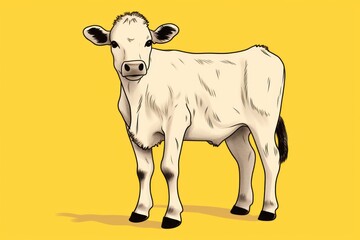  a white cow standing in front of a yellow background with a black spot on the side of the cow's head and a black spot on the side of the cow's head.