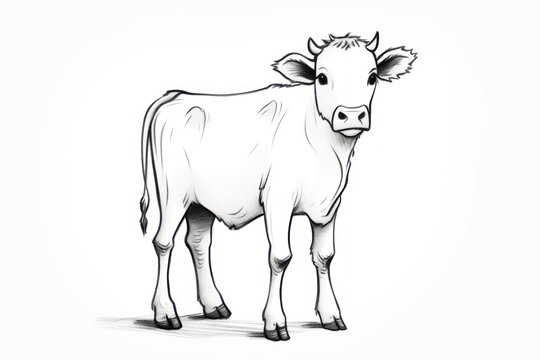  a black and white drawing of a cow standing on a white background with a black and white line drawing of a cow in front of it's left side.