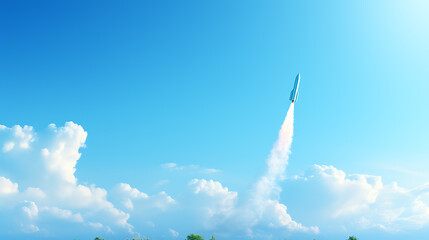  a rocket flying on pastel blue background
