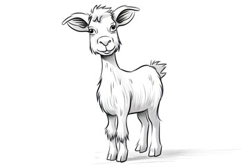  a black and white drawing of a goat with a surprised look on it's face, standing in the middle of the frame, looking at the camera, with a white background.