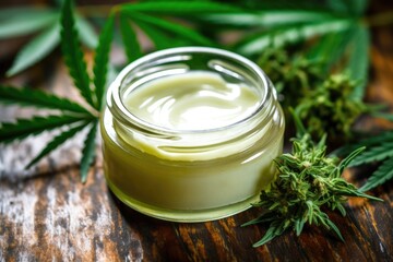 Obraz na płótnie Canvas close-up shot of cbd infused face cream with hemp leaves in the background