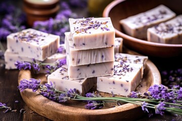 cbd infused soap bars with lavender flowers on a rustic background - obrazy, fototapety, plakaty