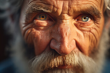 An elderly man, his eyes reflecting wisdom and experience, set against a pastel background that...