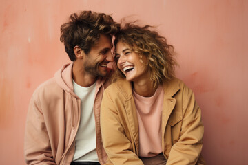 A young couple sharing a candid moment of laughter, the pastel backdrop enhancing the warmth and intimacy of their connection. Concept of love and genuine joy. Generative Ai.