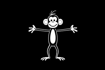  a black and white drawing of a monkey with headphones on its ears and arms outstretched in front of a black background with a white outline of a black background.