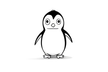  a black and white drawing of a penguin with eyes wide open and one eye wide open, standing in front of a white background with a black outline of the penguin.
